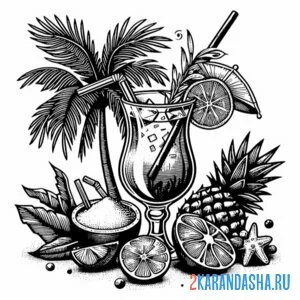 Раскраска коктейль и пальма онлайн