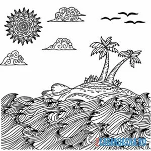 Раскраска шторм на море и пальма онлайн