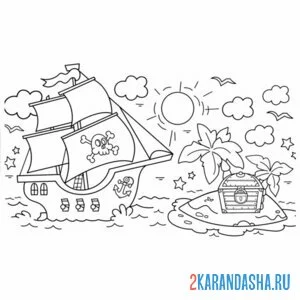 Раскраска остров корабль пираты сундук онлайн