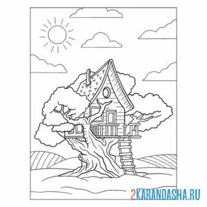 Распечатать раскраску домик на дереве на А4