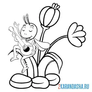 Раскраска кузнечик играет на гитаре онлайн