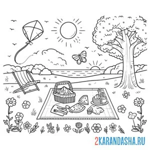 Распечатать раскраску пикник на природе лето на А4