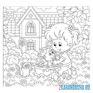 Раскраска летний сад и девочка онлайн