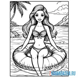 Распечатать раскраску барби летом на море на А4