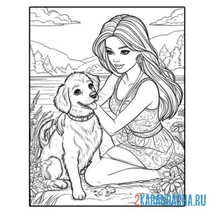 Распечатать раскраску барби чешет собачку на А4