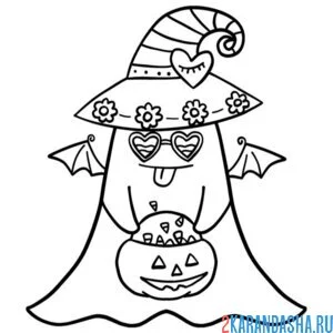 Раскраска привидение в шляпе на хэллоуин