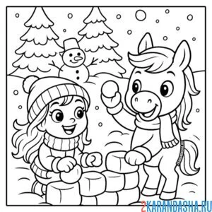 Раскраска играют в снежки лошадка 2026