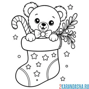 Раскраска новогодний мишка в носке