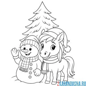 Раскраска снеговик и лошадка