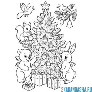 Раскраска медведь, заяц и белка наряжают елку