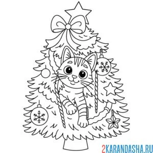 Раскраска котик спрятался в елке