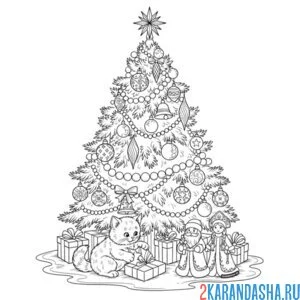 Раскраска котик распаковывает подарки