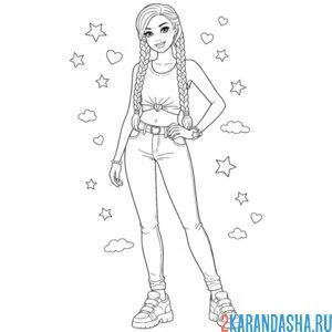 Раскраска девушка с двумя косичками