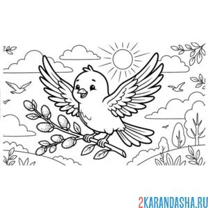 Раскраска птичка держит веточку вербы