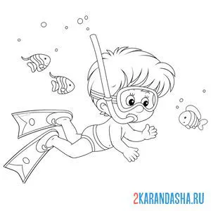 Распечатать раскраску мальчик плавает под водой на А4