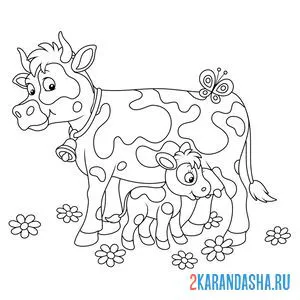 Онлайн раскраска мама корова с теленком