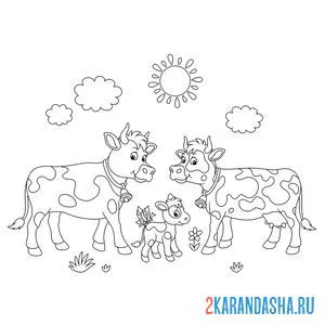 Распечатать раскраску папа бык, мама корова и теленок на А4