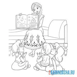 Распечатать раскраску анна читает сказку мэри и детям о троллях на А4
