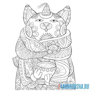 Распечатать раскраску котик в шарфе антистресс на А4