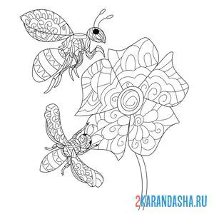 Распечатать раскраску шмель, пчелка и цветок антистресс на А4