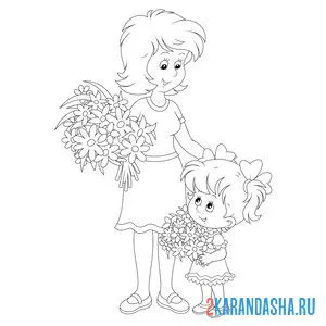 Раскраска мама и девочка с летним букетом онлайн