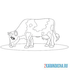 Распечатать раскраску корова пасется на лугу на А4