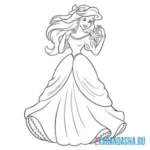 Распечатать раскраску принцесса ариэль в платье на балу на А4