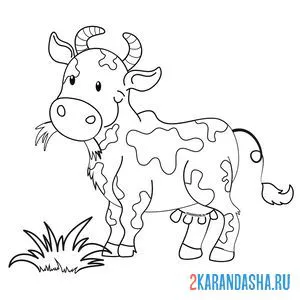 Распечатать раскраску корова жует траву на А4