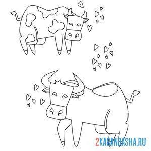 Распечатать раскраску влюбленная парочка быка и коровки на А4