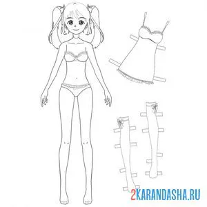 Распечатать раскраску бумажная кукла для вырезания нико с одеждой: чулки и платье на А4