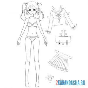 Распечатать раскраску бумажная кукла для вырезания нико с одеждой: школьная форма на А4