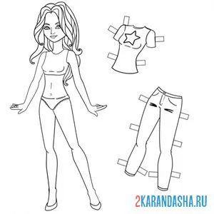 Распечатать раскраску бумажная кукла для вырезания миа с одеждой: футболка и джинсы на А4