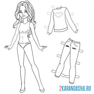 Распечатать раскраску бумажная кукла для вырезания миа с теплой одеждой: свитер и джинсы на А4