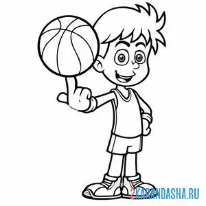 Распечатать раскраску мальчик баскетболист с баскетбольным мячом на А4