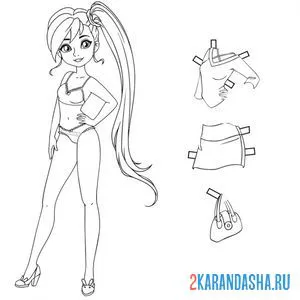 Распечатать раскраску бумажная кукла для вырезания диана с одеждой: юбка, кофточка и сумка на А4