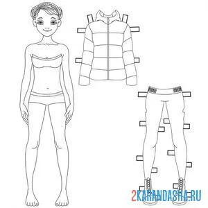 Раскраска бумажная кукла для вырезания настя в одежде: куртка и джинсы онлайн