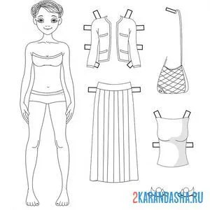 Распечатать раскраску бумажная кукла для вырезания: настя с одеждой: длинная юбка, жакет, блузка и туфли на А4