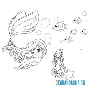 Распечатать раскраску русалка с рыбами под водой на А4