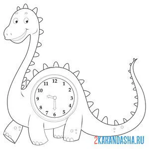 Распечатать раскраску динозавр для детей с часами на А4