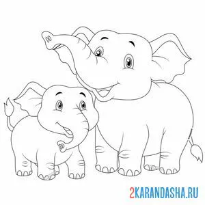 Распечатать раскраску мама слон и слоненок на А4
