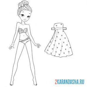 Распечатать раскраску бумажная кукла для вырезания злата в одежде в летнем платье на А4