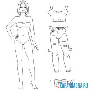Распечатать раскраску бумажная кукла для вырезания жасмин с одеждой: топ и джинсы на А4