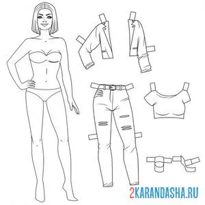 Распечатать раскраску бумажная кукла для вырезания жасмин и повседневная одежда: куртка, топ, джинсы на А4