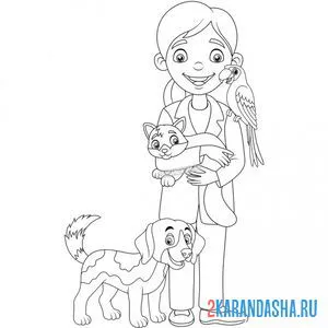 Распечатать раскраску девушка ветеринар с животными профессия на А4