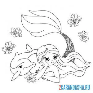 Раскраска русалка с длинными волосами и дельфином онлайн