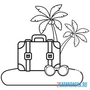 Раскраска чемодан, пальма и очки онлайн
