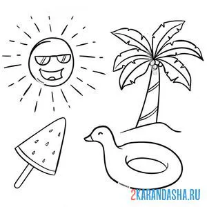Раскраска солнце, мороженое, пальма, уточка онлайн