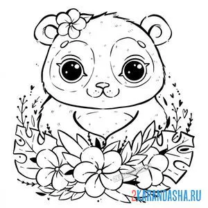 Раскраска милый мишка панда в цветах онлайн