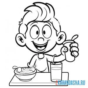 Раскраска мальчик ест кашу и пьет сок. школьный обед онлайн