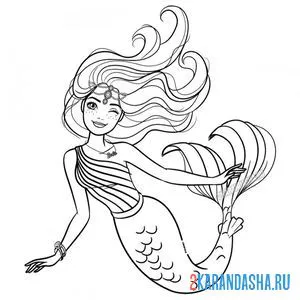 Раскраска барби красивая русалка с длинными волосами онлайн